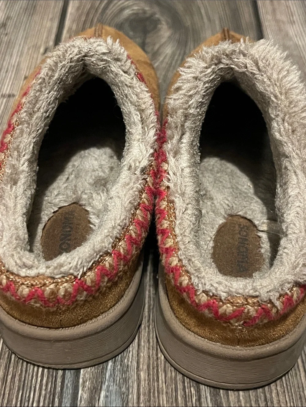Sonoma Brown Suede Kids Slip-On Slippers with Red Trim